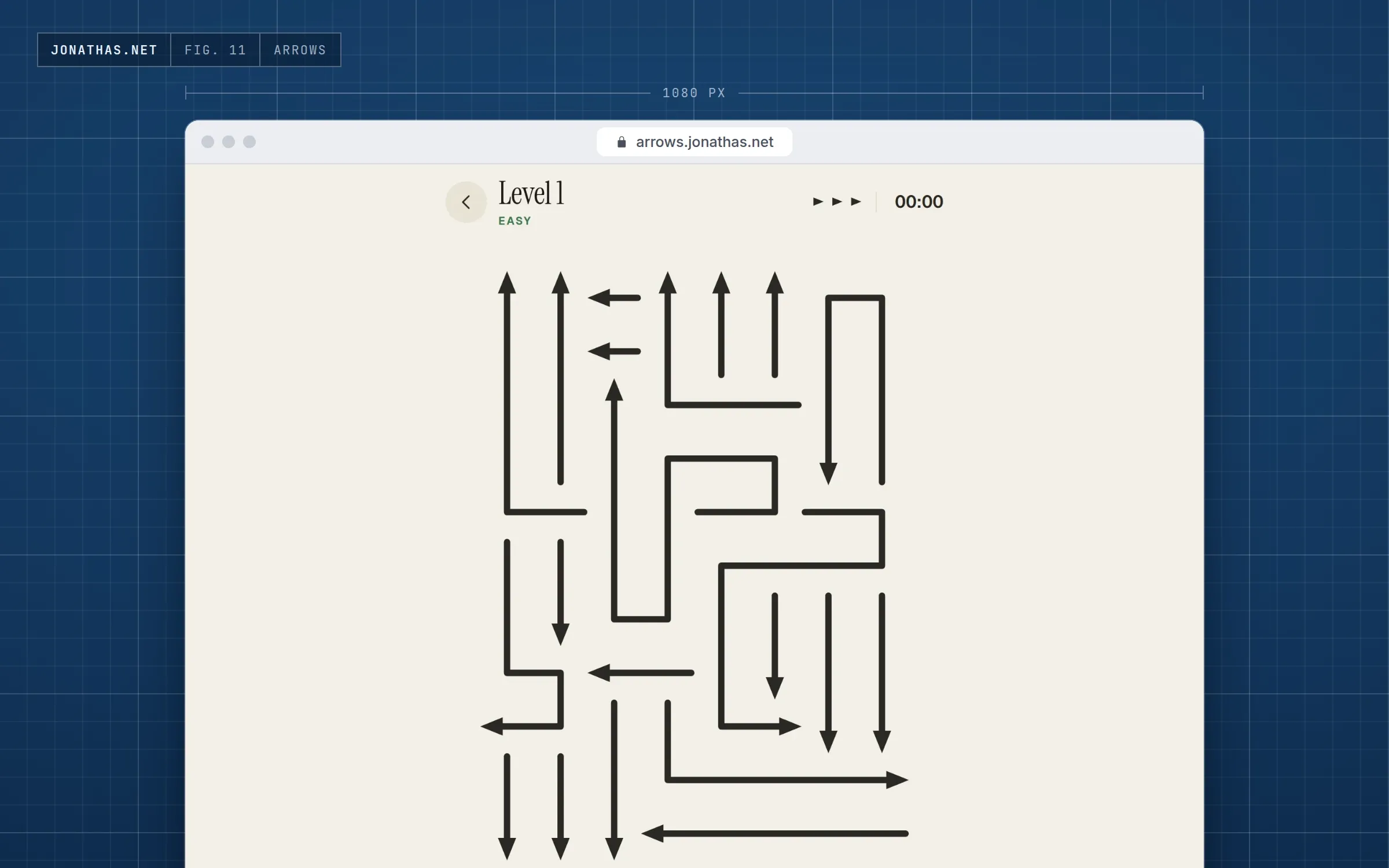 Screenshot of Arrows: level 1, a board of arrow-shaped paths pointing up, down, left and right