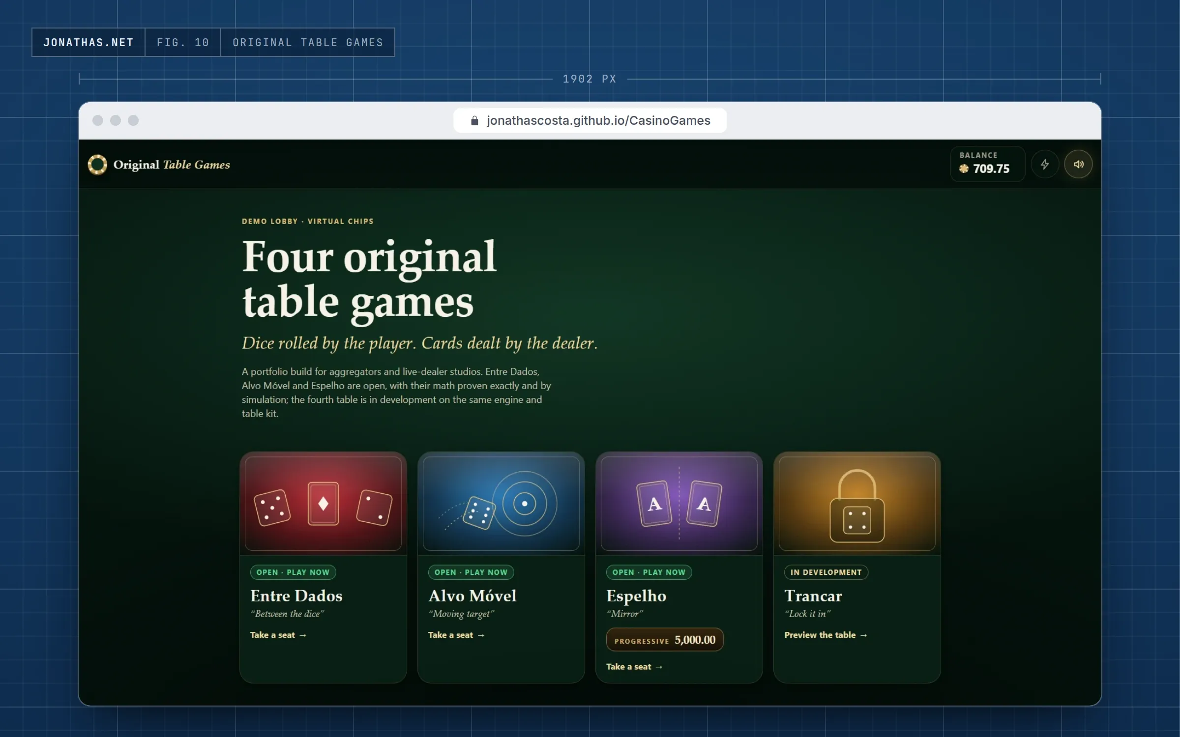Screenshot of the Original Table Games lobby: Entre Dados, Alvo Móvel and Espelho open to play, Trancar in development, and a balance in virtual chips