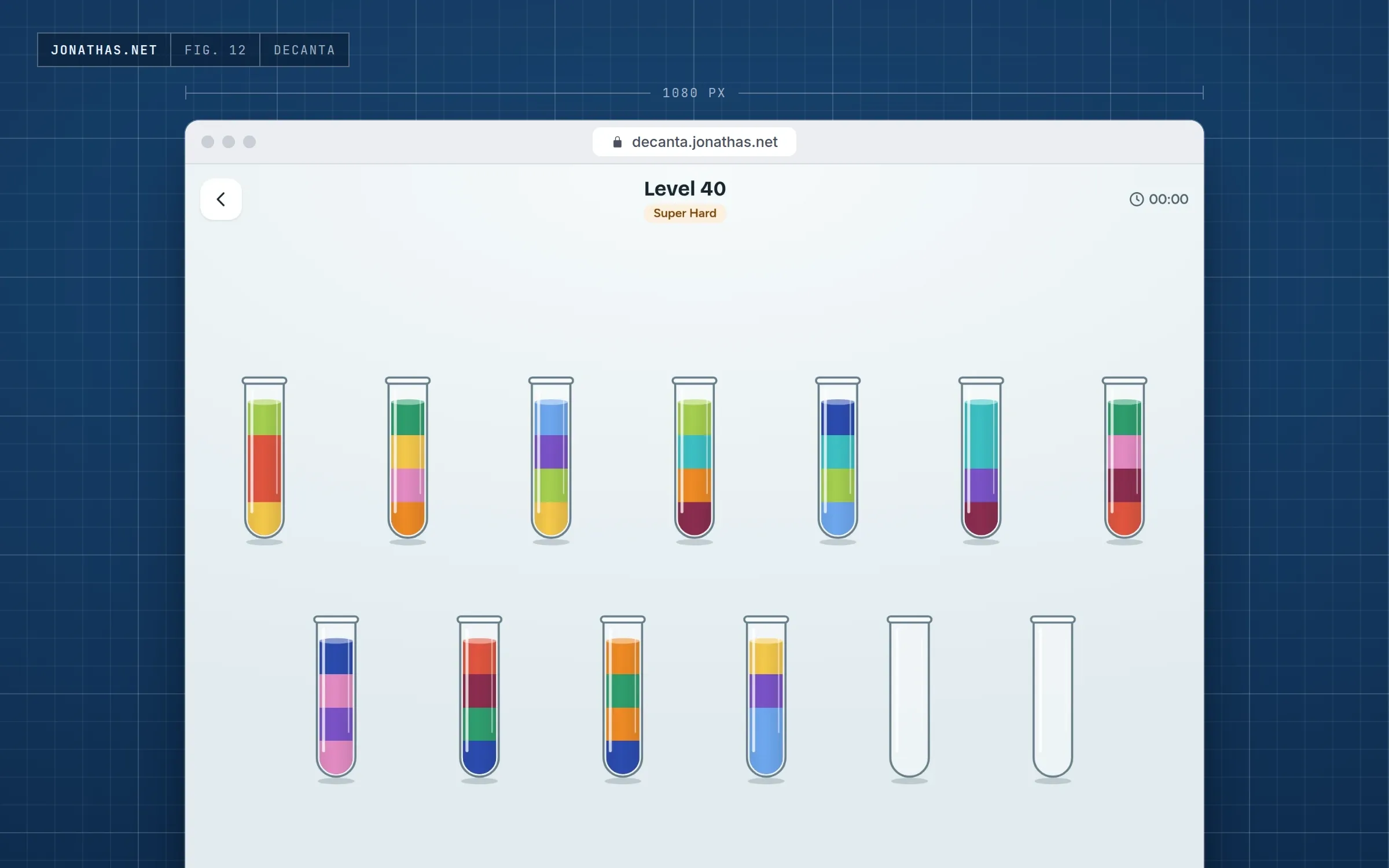 Screenshot of Decanta: level 40, super hard, with eleven glass tubes of layered colors and two empty tubes
