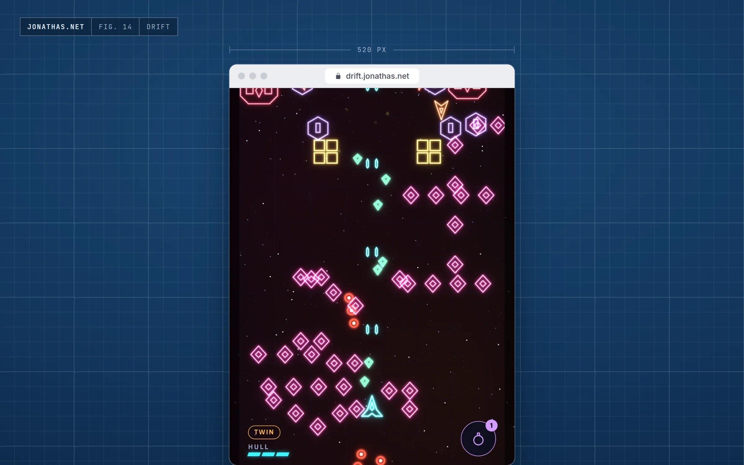 Screenshot of Drift in play: neon enemy ships in pink, violet and yellow fill the screen as the player’s ship fires from the bottom