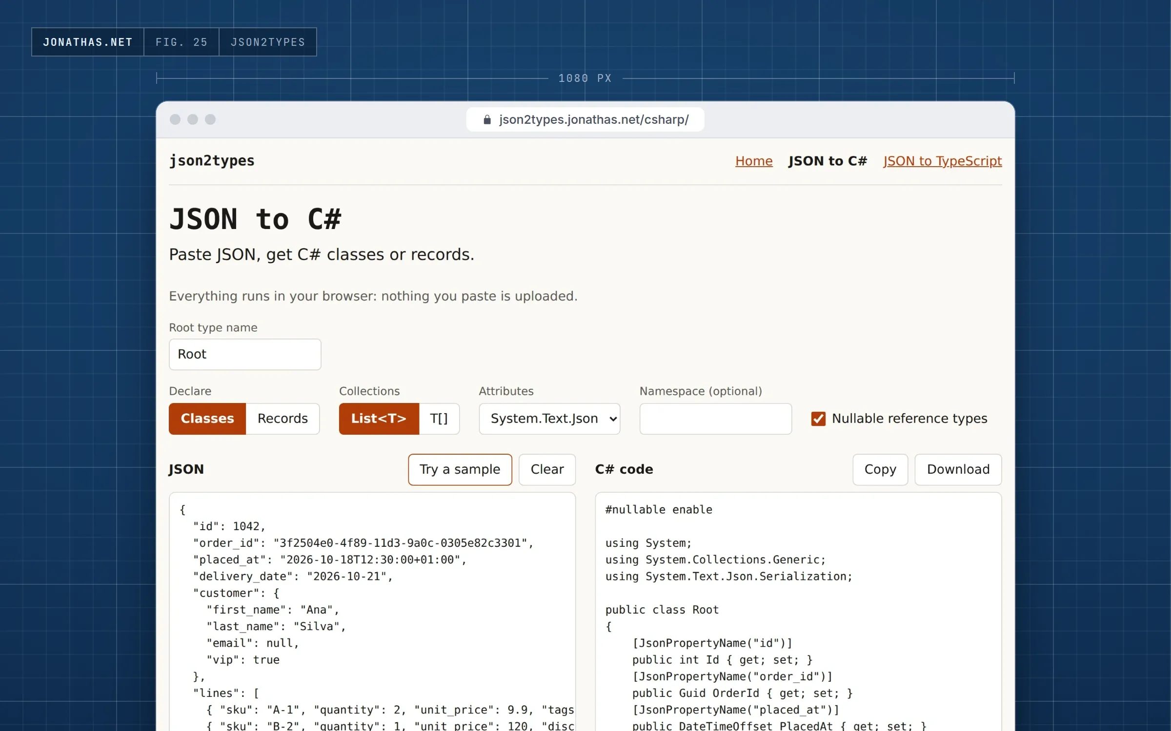 Screenshot of json2types: the JSON to C# page with a sample order on the left and the C# classes generated for it on the right
