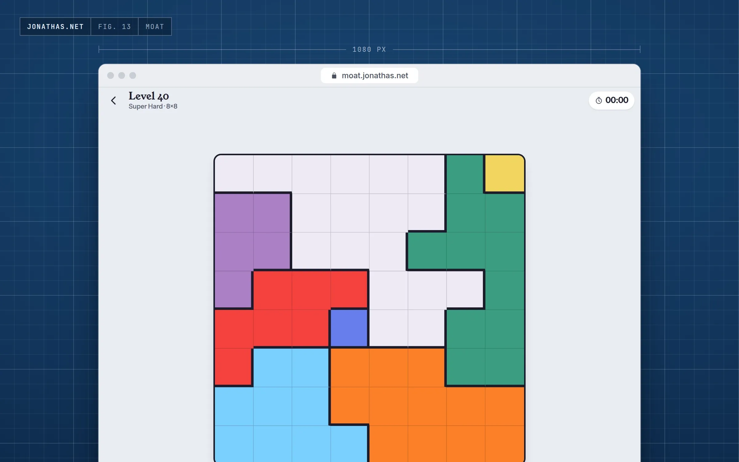 Screenshot of Moat: level 40, super hard, an empty 8 by 8 board split into eight colored realms