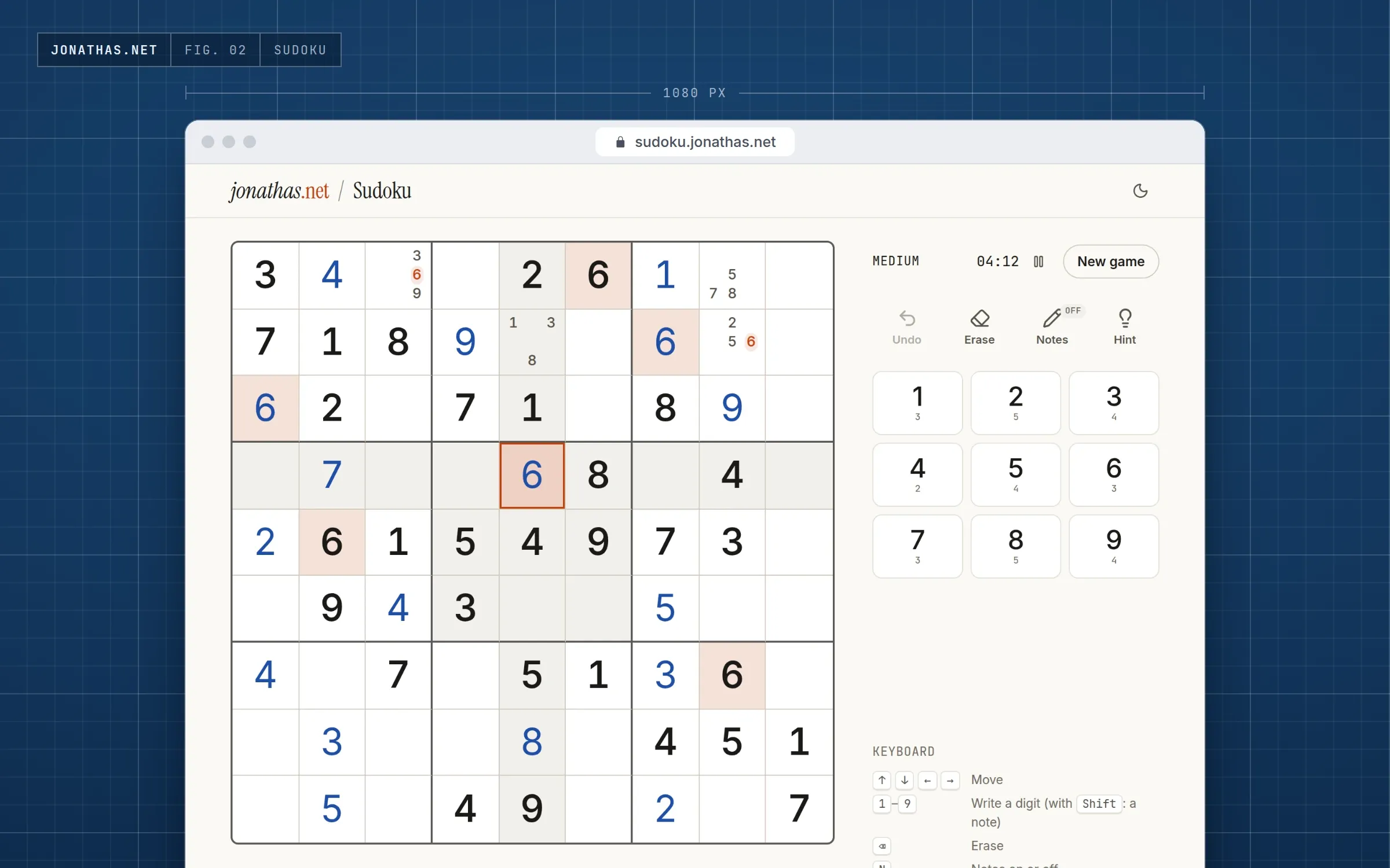 Screenshot of the Sudoku: a medium puzzle in progress, with the player’s digits in blue, pencil-mark notes, a selected cell and the number pad